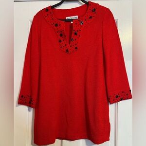 #166 ST. JOHN RED SANTANA KNIT TUNIC TOP BLOUSE WITH BLACK BEADING SIZE SMALL
